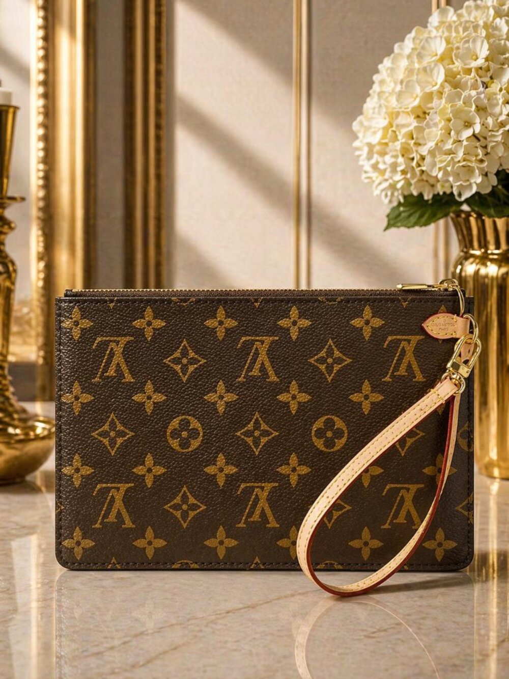 Authentic Louis Vuitton Neverfull Pochette Monogram Wristlet Clutch